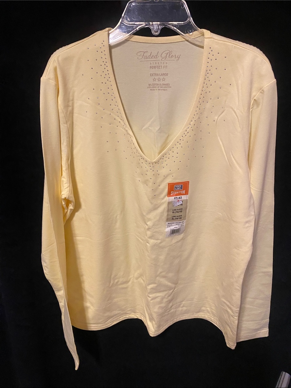 Faded Glory Pale Yellow V-Neck Long Sleeve Top with Tone-On-Tone Studs